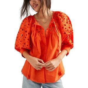 Anthropologie Chantal Eyelet Blouse Women's XL Bright Puff Sleeve 100% Cotton